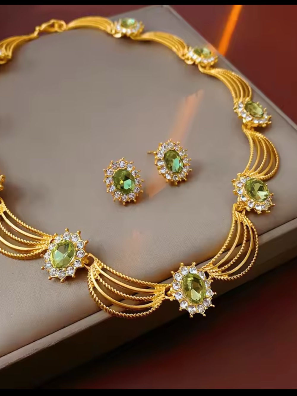 Gold-Plated Necklace and Stud Earrings Set with Green Stones